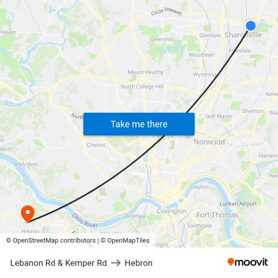 Lebanon Rd & Kemper Rd to Hebron map