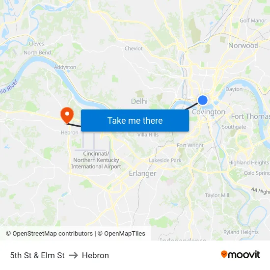 5th St & Elm St to Hebron map