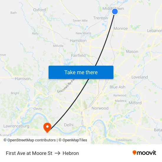 First Ave at Moore St to Hebron map