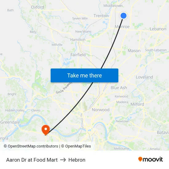 Aaron Dr at Food Mart to Hebron map