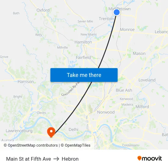 Main St at Fifth Ave to Hebron map
