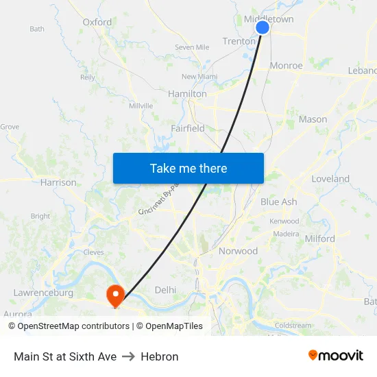 Main St at Sixth Ave to Hebron map