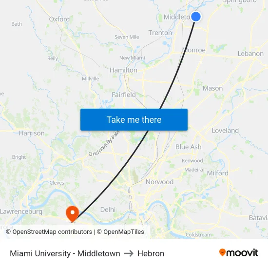 Miami University - Middletown to Hebron map