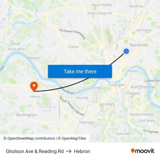 Gholson Ave & Reading Rd to Hebron map
