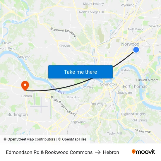 Edmondson Rd & Rookwood Commons to Hebron map