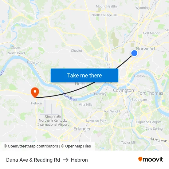 Dana Ave & Reading Rd to Hebron map