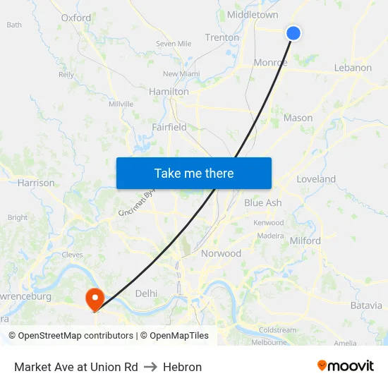 Market Ave at Union Rd to Hebron map