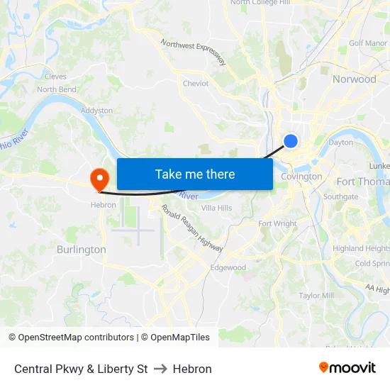 Central Pkwy & Liberty St to Hebron map