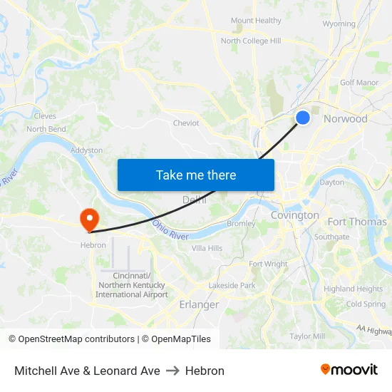 Mitchell Ave & Leonard Ave to Hebron map