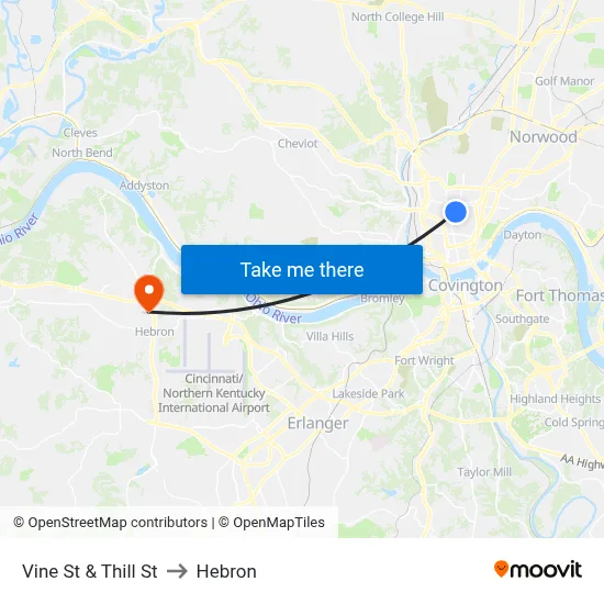 Vine St & Thill St to Hebron map