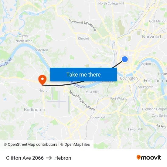 Clifton Ave 2066 to Hebron map