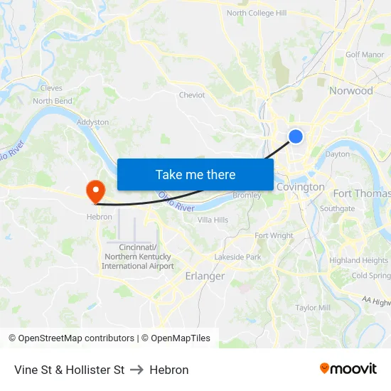 Vine St & Hollister St to Hebron map