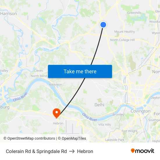 Colerain Rd & Springdale Rd to Hebron map