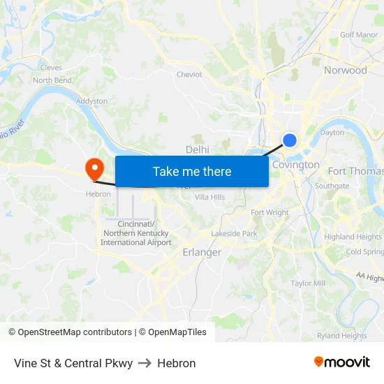 Vine St & Central Pkwy to Hebron map