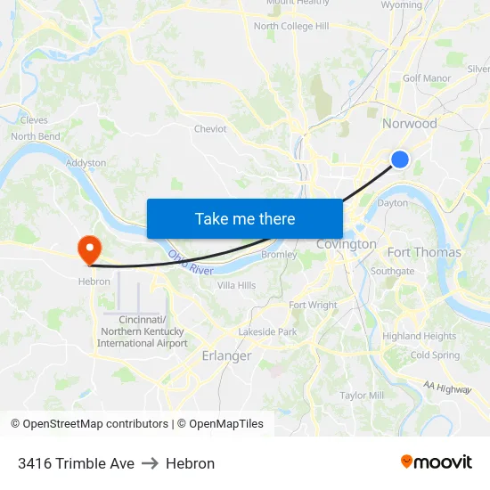 3416 Trimble Ave to Hebron map