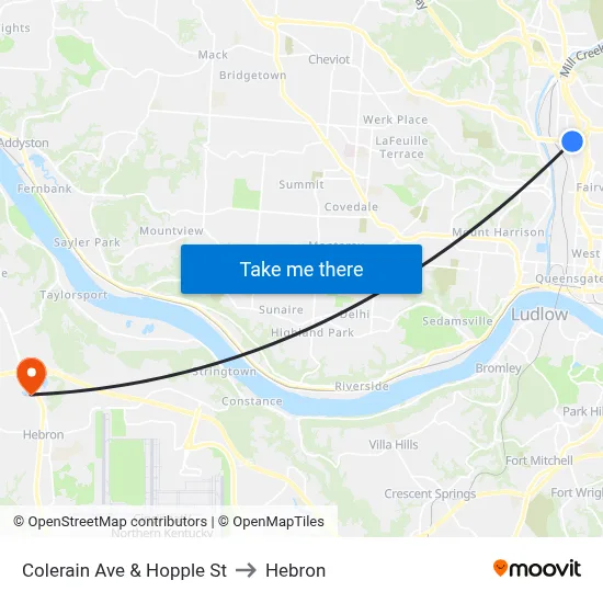 Colerain Ave & Hopple St to Hebron map