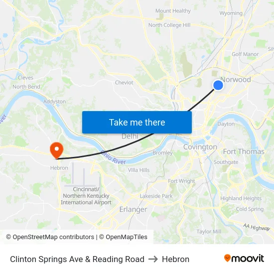 Clinton Springs Ave & Reading Road to Hebron map