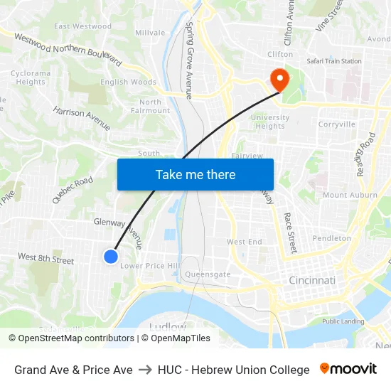 Grand Ave & Price Ave to HUC - Hebrew Union College map