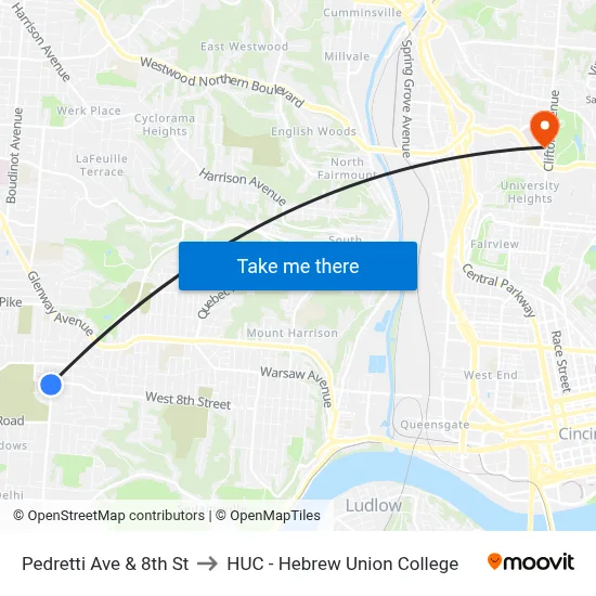 Pedretti Ave & 8th St to HUC - Hebrew Union College map