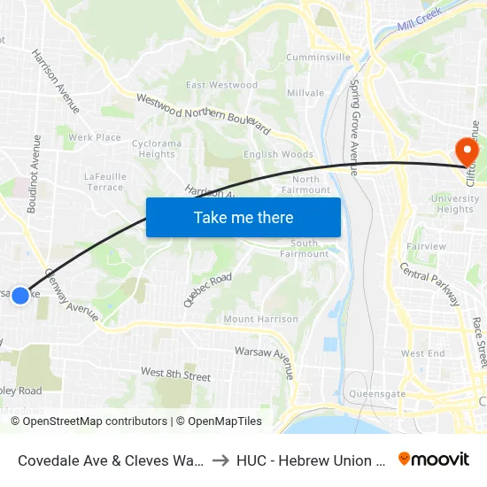 Covedale Ave & Cleves Warsaw Pk to HUC - Hebrew Union College map