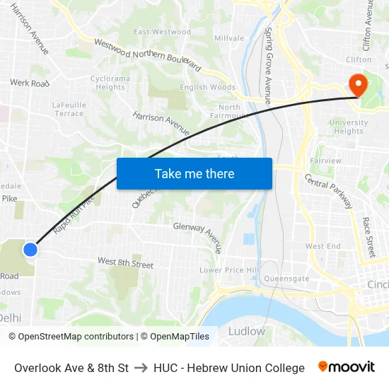 Overlook Ave & 8th St to HUC - Hebrew Union College map