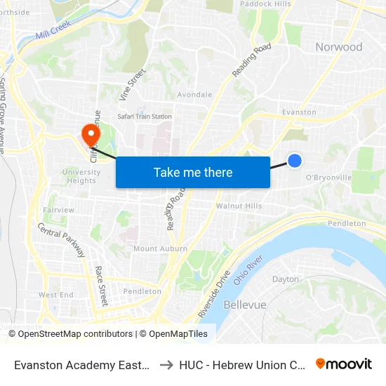 Evanston Academy Eastbound to HUC - Hebrew Union College map