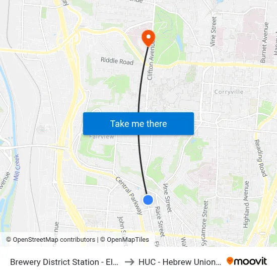 Brewery District Station - Elm & Henry to HUC - Hebrew Union College map
