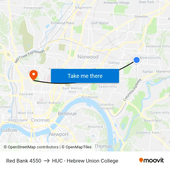 Red Bank 4550 to HUC - Hebrew Union College map