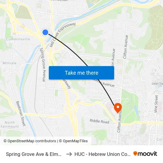 Spring Grove Ave & Elmore St to HUC - Hebrew Union College map