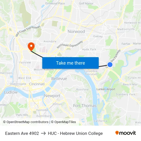 Eastern Ave 4902 to HUC - Hebrew Union College map