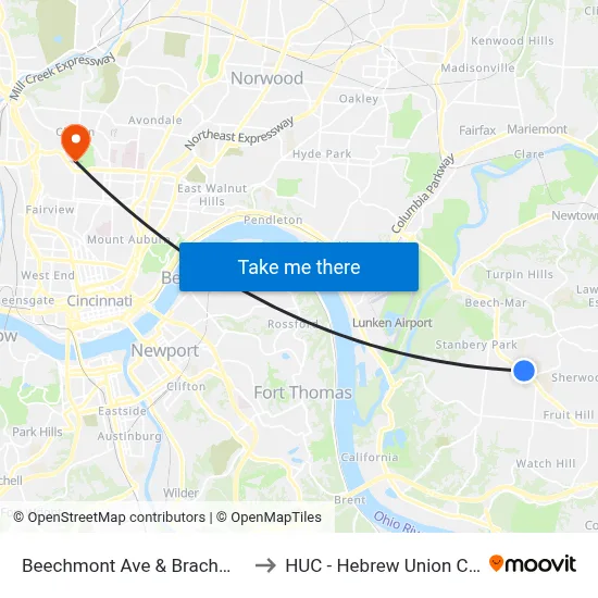 Beechmont Ave & Brachman Ave to HUC - Hebrew Union College map