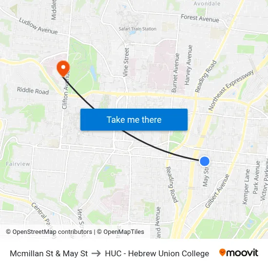 Mcmillan St & May St to HUC - Hebrew Union College map