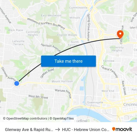 Glenway Ave & Rapid Run Rd to HUC - Hebrew Union College map