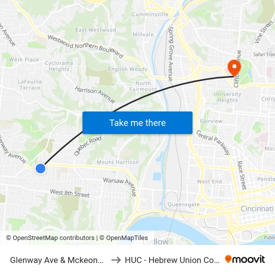 Glenway Ave & Mckeone Ave to HUC - Hebrew Union College map