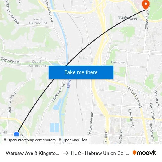Warsaw Ave & Kingston Pl to HUC - Hebrew Union College map