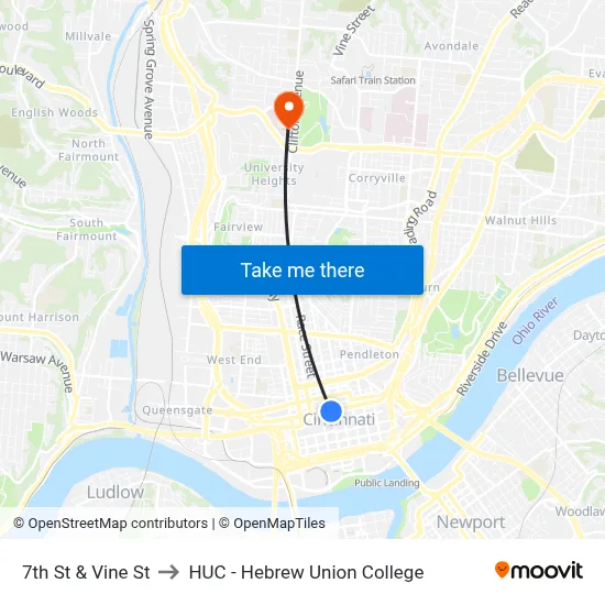 7th St & Vine St to HUC - Hebrew Union College map