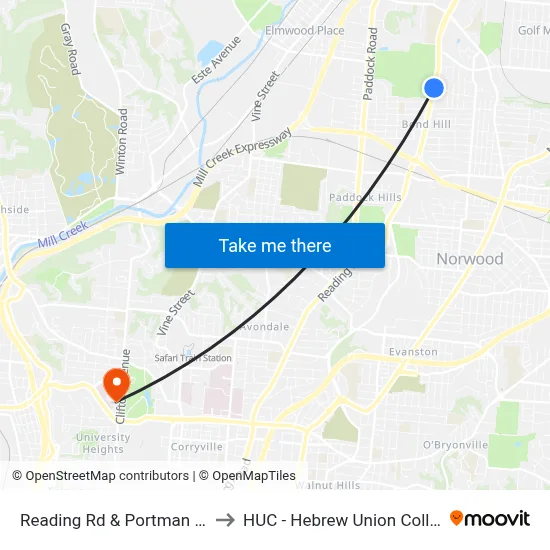 Reading Rd & Portman Ave to HUC - Hebrew Union College map