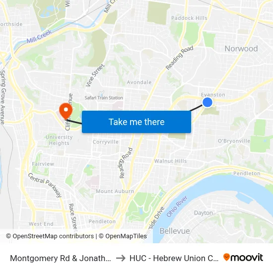 Montgomery Rd & Jonathan Ave to HUC - Hebrew Union College map