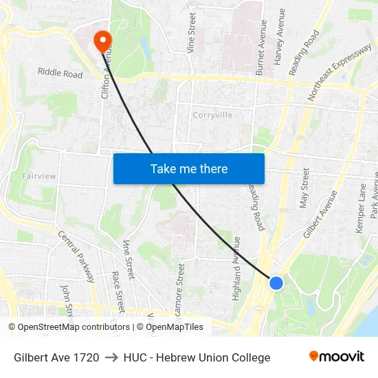 Gilbert Ave 1720 to HUC - Hebrew Union College map