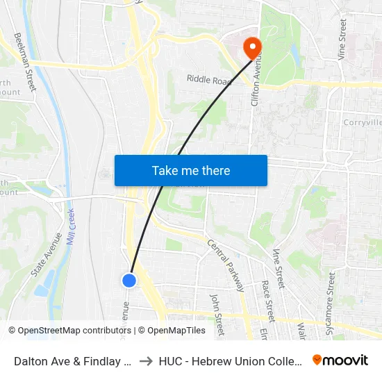 Dalton Ave & Findlay St to HUC - Hebrew Union College map