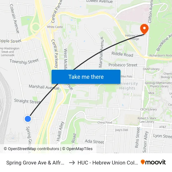 Spring Grove Ave & Alfred St to HUC - Hebrew Union College map