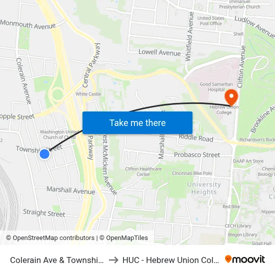 Colerain Ave & Township St to HUC - Hebrew Union College map
