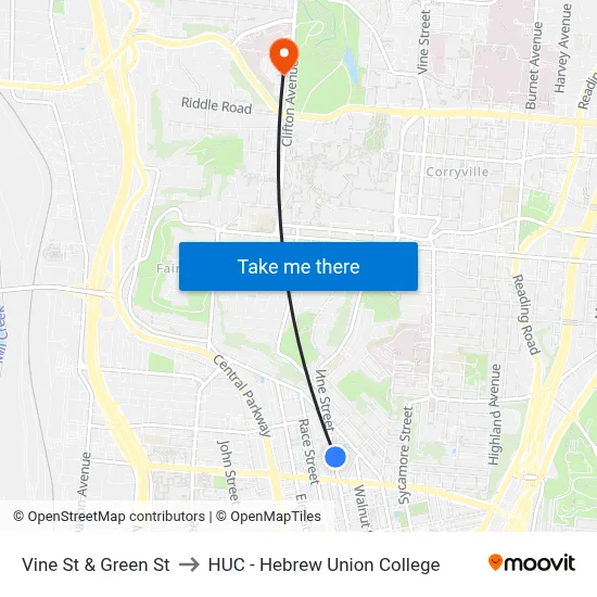 Vine St & Green St to HUC - Hebrew Union College map