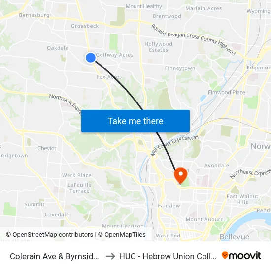 Colerain Ave & Byrnside Dr to HUC - Hebrew Union College map