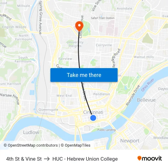 4th St & Vine St to HUC - Hebrew Union College map