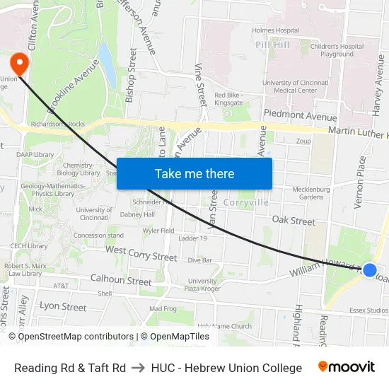 Reading Rd & Taft Rd to HUC - Hebrew Union College map
