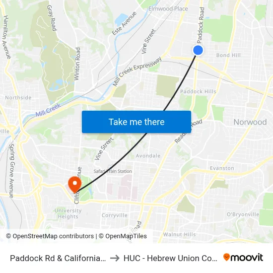 Paddock Rd & California Ave to HUC - Hebrew Union College map