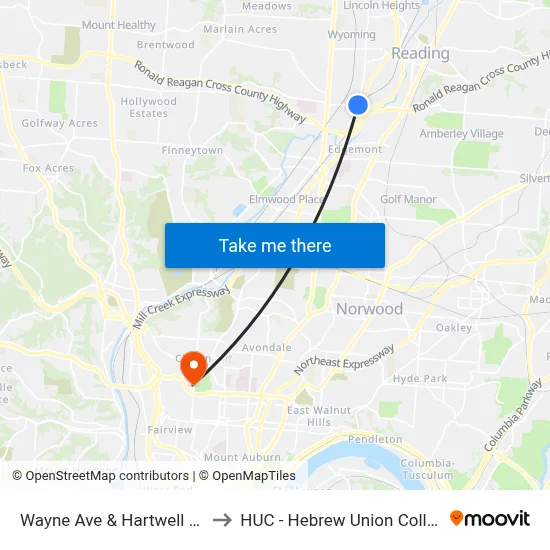 Wayne Ave & Hartwell Ave to HUC - Hebrew Union College map