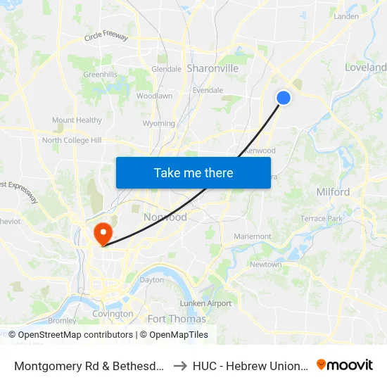 Montgomery Rd & Bethesda Hospital to HUC - Hebrew Union College map