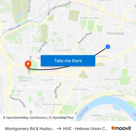 Montgomery Rd & Hudson Ave to HUC - Hebrew Union College map